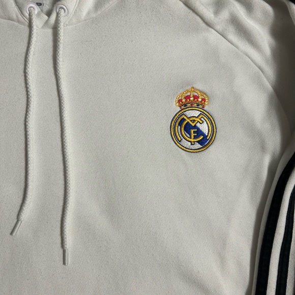 adidas Real Madrid White XL Pullover Hoodie Men's Fleece Striped Drawstring - Picture 2 of 8